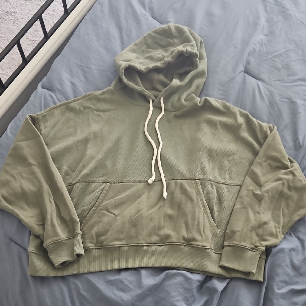 Aerie Olive Green Textured Crop Hooded Sweatshirt